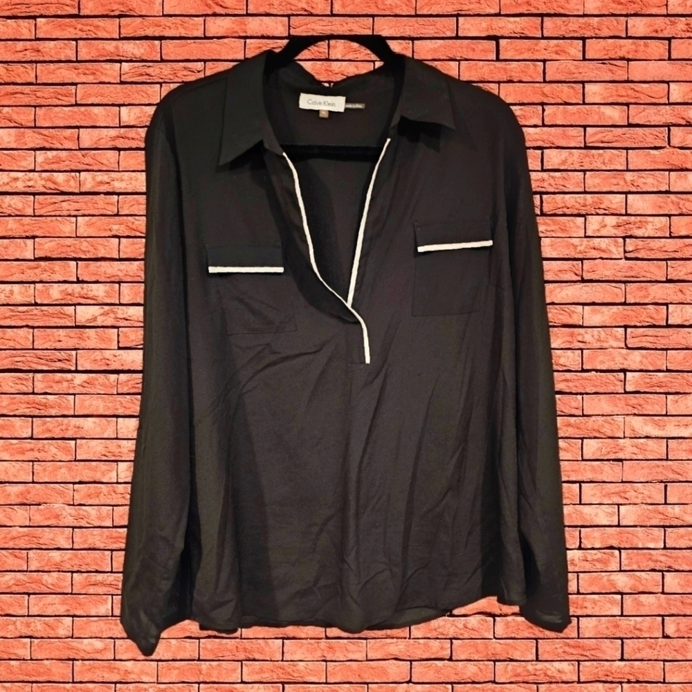 CALVIN Klein long sleeve black white V neck career casual top shirt sz L XL
